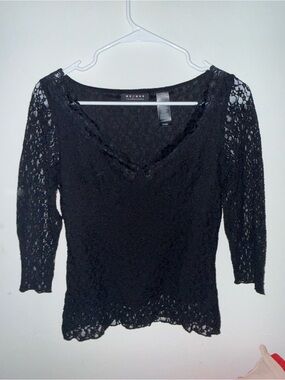 Express Black Lace Scoop Neck Top with Three-Quarter Sleeves
